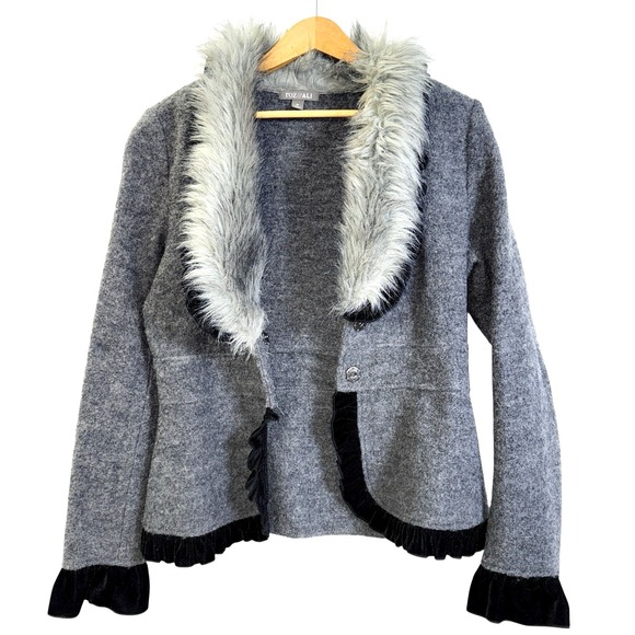 Roz & Ali WOMENS "M" PRE-OWNED Y2K Blazer 100% Wool‎ Faux Fur Ruffle Velvet Trim - Picture 3 of 14